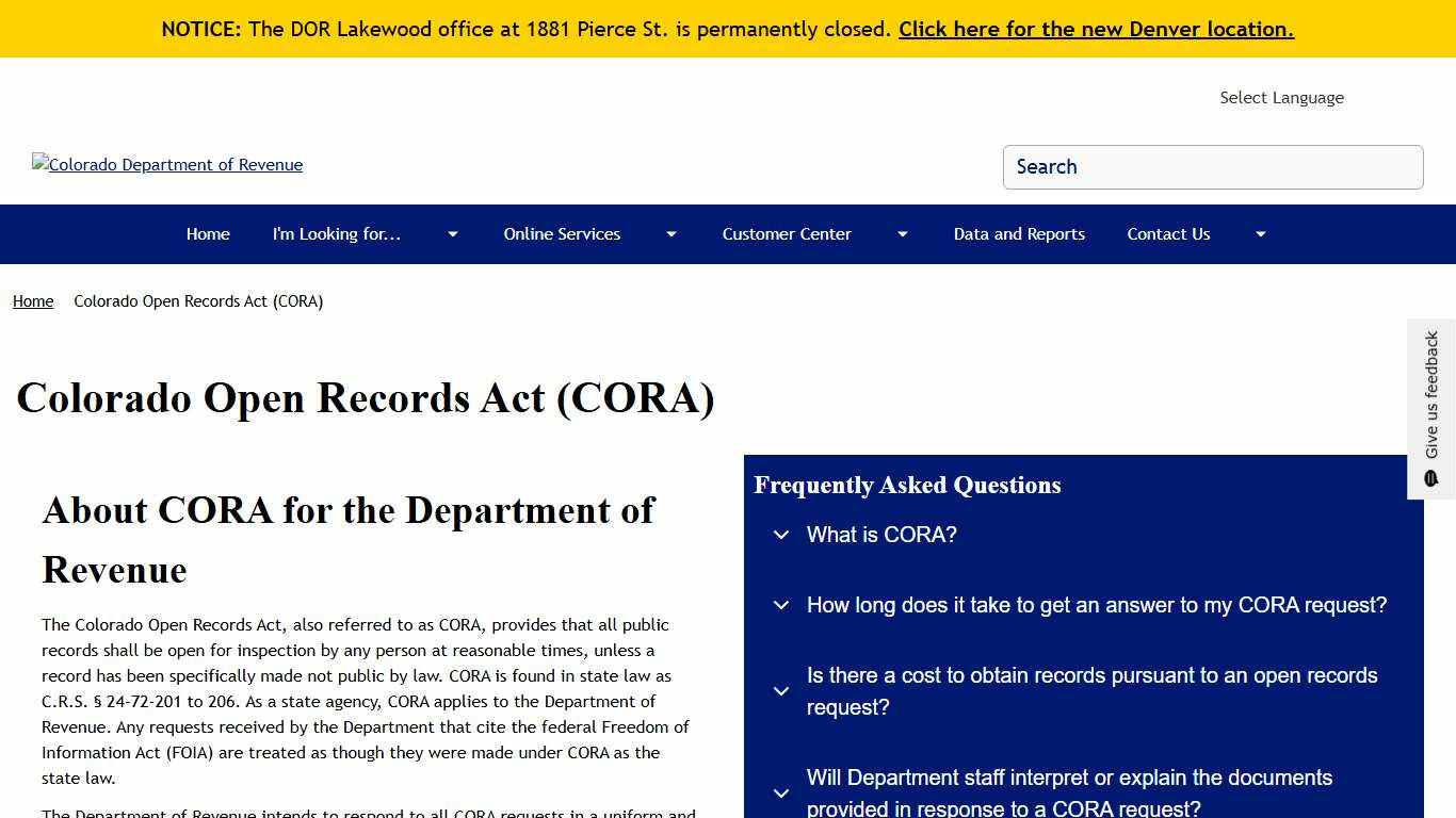 Colorado Open Records Act (CORA) Colorado Department of Revenue