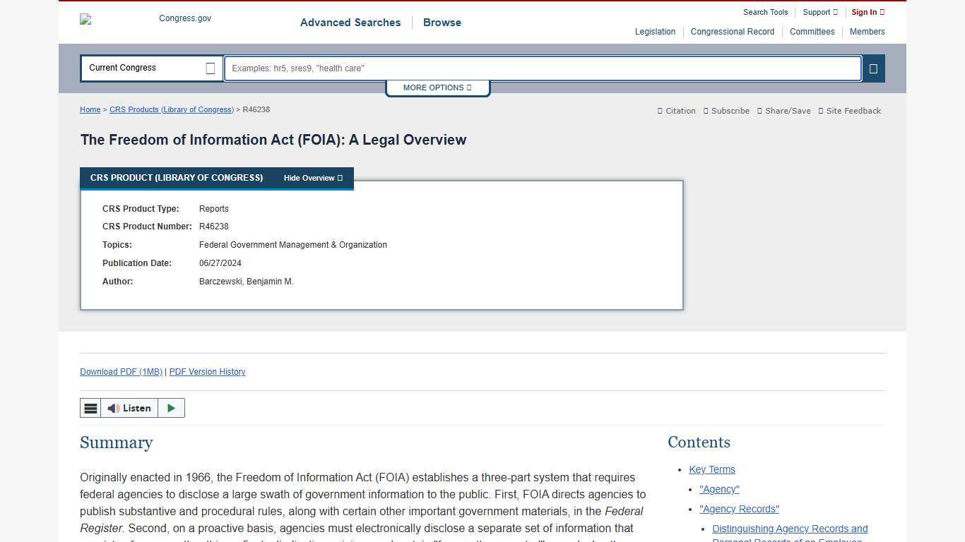 The Freedom of Information Act (FOIA): A Legal Overview Congress.gov Library of Congress
